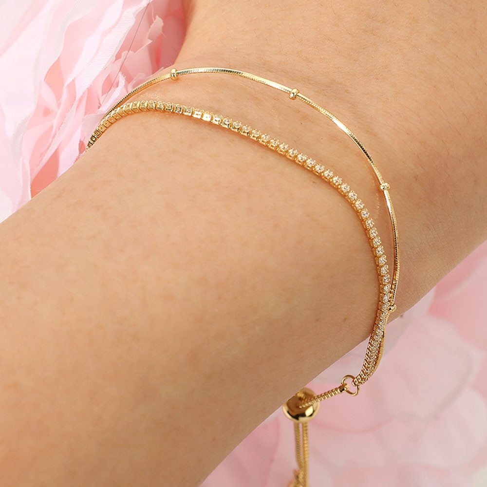 18K Gold Dipped Rhinestone Ball Chain Layered Bracelet